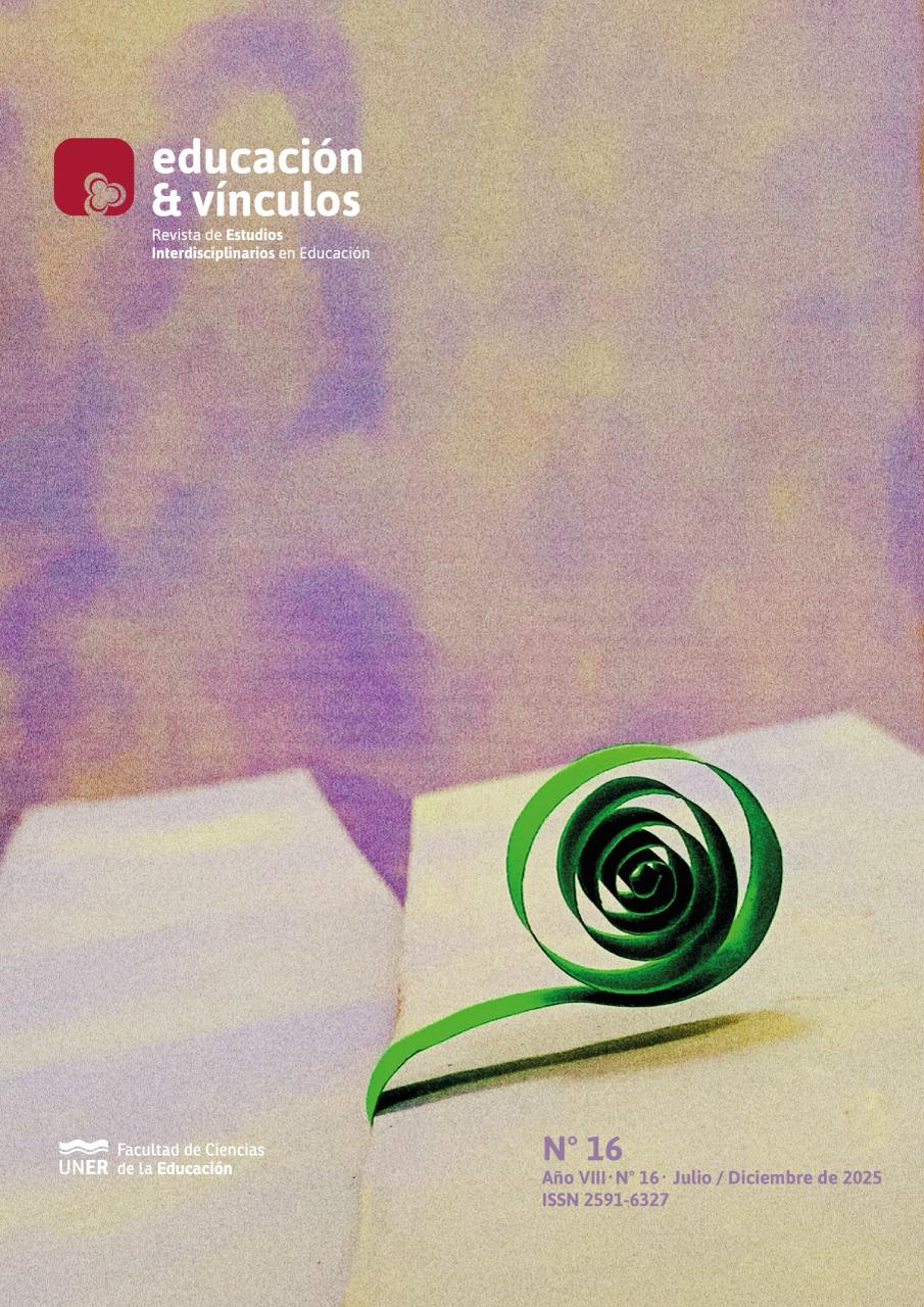 Tapa de la Revista Educación y Vínculos correspondiente al Número 16. Arriba en el margen izquierdo se lee Educación y Vínculos. Revista de Estudios Interdisciplinarios en Educación. Sobre un fondo de colores lilas una cinta característica de forma espiralada y en color verde claro. En el margen inferior izquierdo, se encuentra el logo de la Universidad Nacional de Entre Ríos. En el margen inferior derecho, se lee: Número 16. Año 8. Julio - diciembre de 2026.